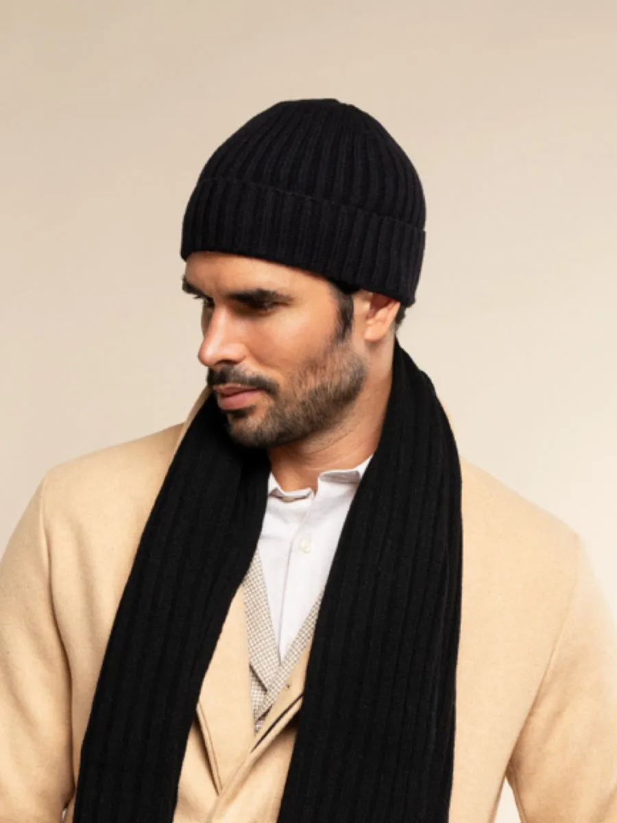 Milano (black) - 100% cashmere ribbed beanie (unisex)