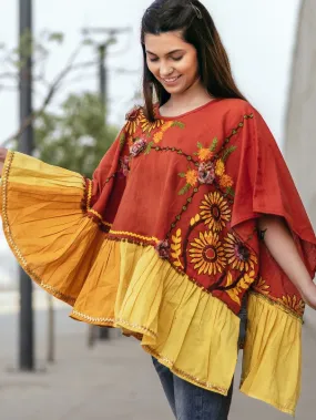 Morning Sunflower - Khadi Rust Circular Embroidered Poncho