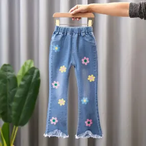 New Girls Denim Trousers Spring Autumn Fashion Girls Printed Jeans Bell-bottoms Kids Casual Elastic Trousers Blue Jeans Pants