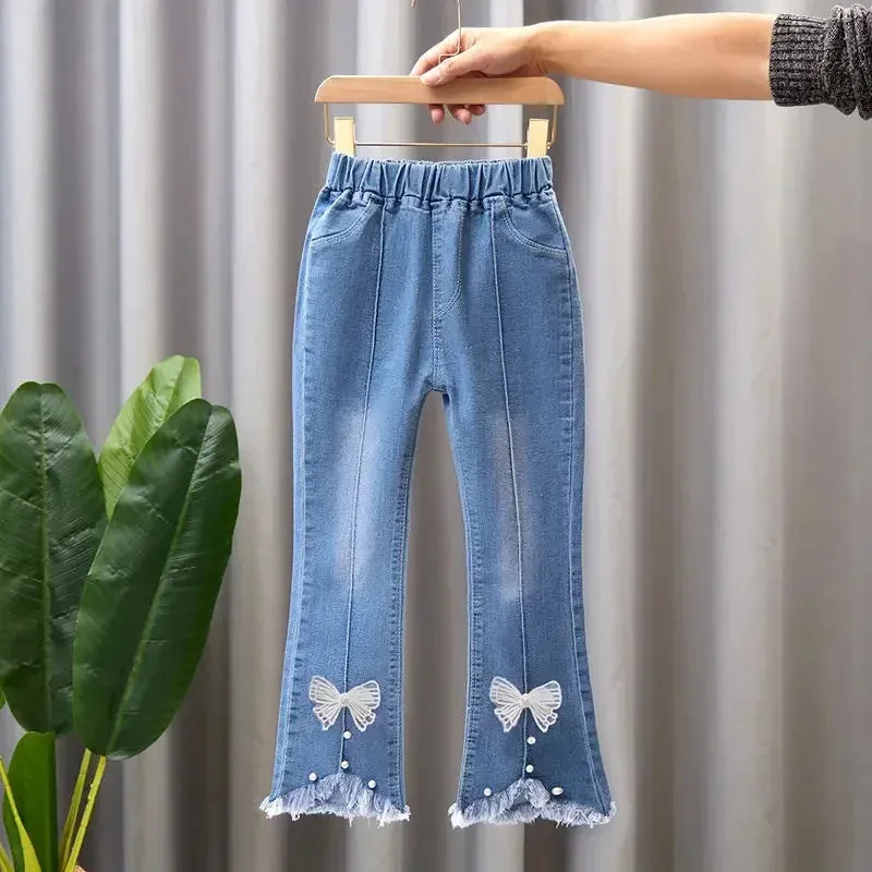 New Girls Denim Trousers Spring Autumn Fashion Girls Printed Jeans Bell-bottoms Kids Casual Elastic Trousers Blue Jeans Pants