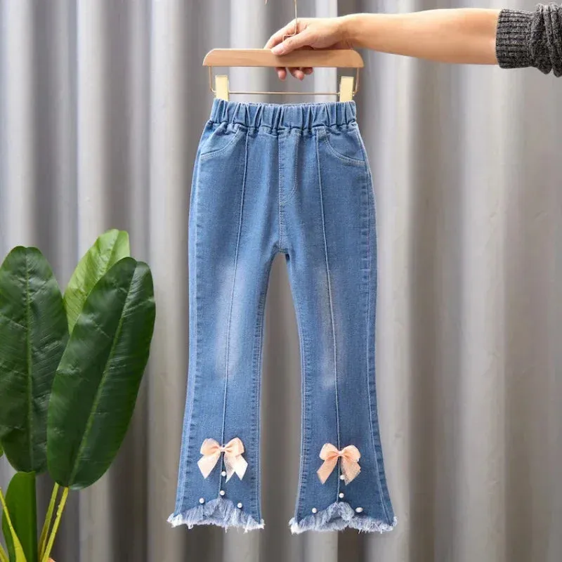 New Girls Denim Trousers Spring Autumn Fashion Girls Printed Jeans Bell-bottoms Kids Casual Elastic Trousers Blue Jeans Pants