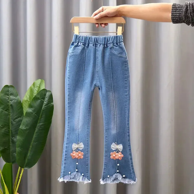 New Girls Denim Trousers Spring Autumn Fashion Girls Printed Jeans Bell-bottoms Kids Casual Elastic Trousers Blue Jeans Pants