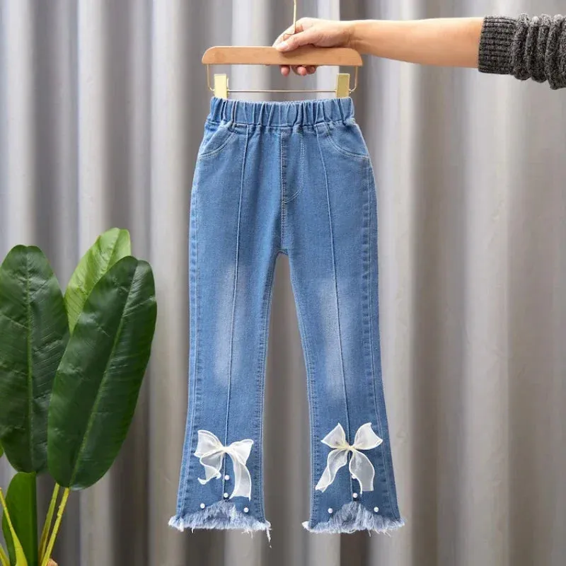 New Girls Denim Trousers Spring Autumn Fashion Girls Printed Jeans Bell-bottoms Kids Casual Elastic Trousers Blue Jeans Pants