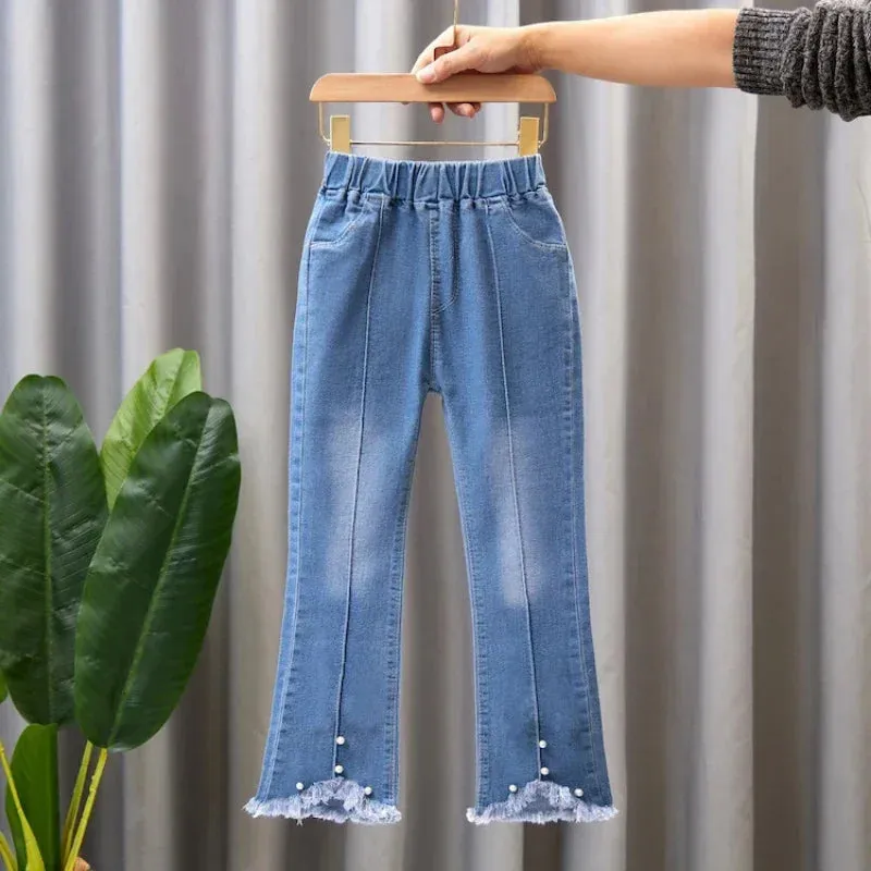 New Girls Denim Trousers Spring Autumn Fashion Girls Printed Jeans Bell-bottoms Kids Casual Elastic Trousers Blue Jeans Pants