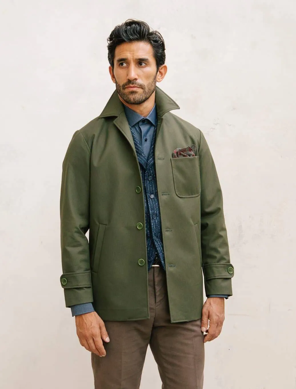 Olive Green Waxed Cotton Overcoat