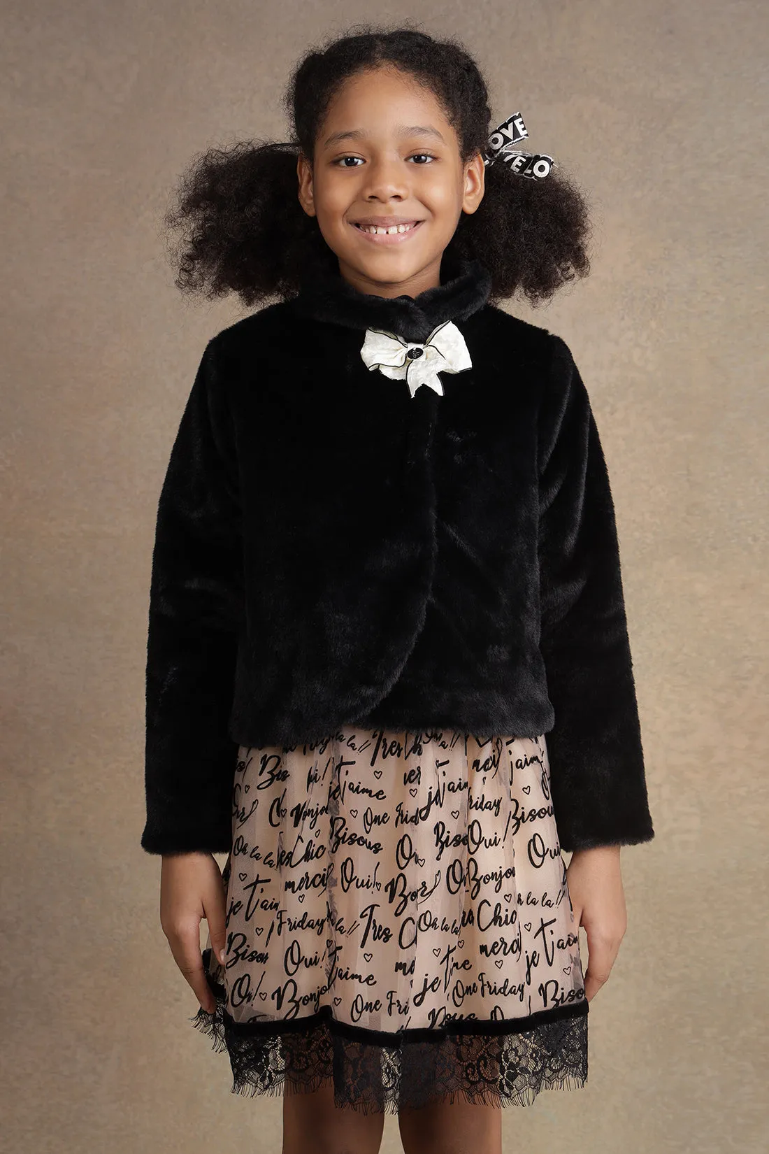 One Friday Kids Girls Black Fur Jacket