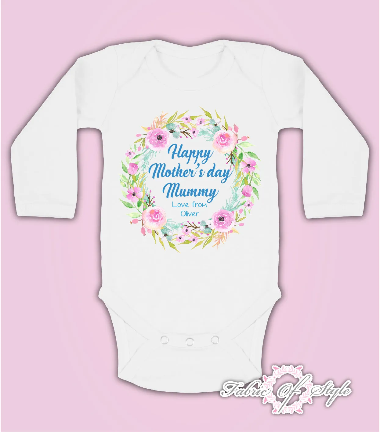 Personalised Wreath First Mothers Day Baby Kids 2021 Body Vest long sleeve Girl