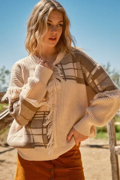 Plaid Pattern Color Block Fringe Sweater