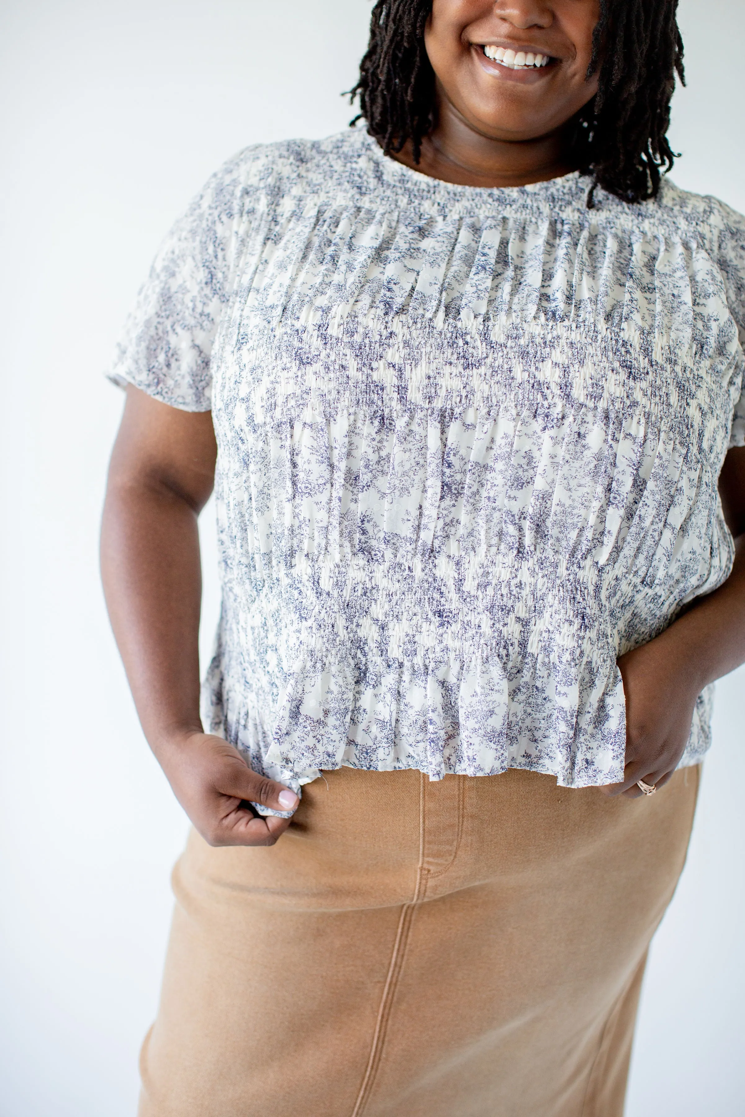 Plus 'Claudine' Vintage Print Smocked Detail Top in Parchment FINAL SALE