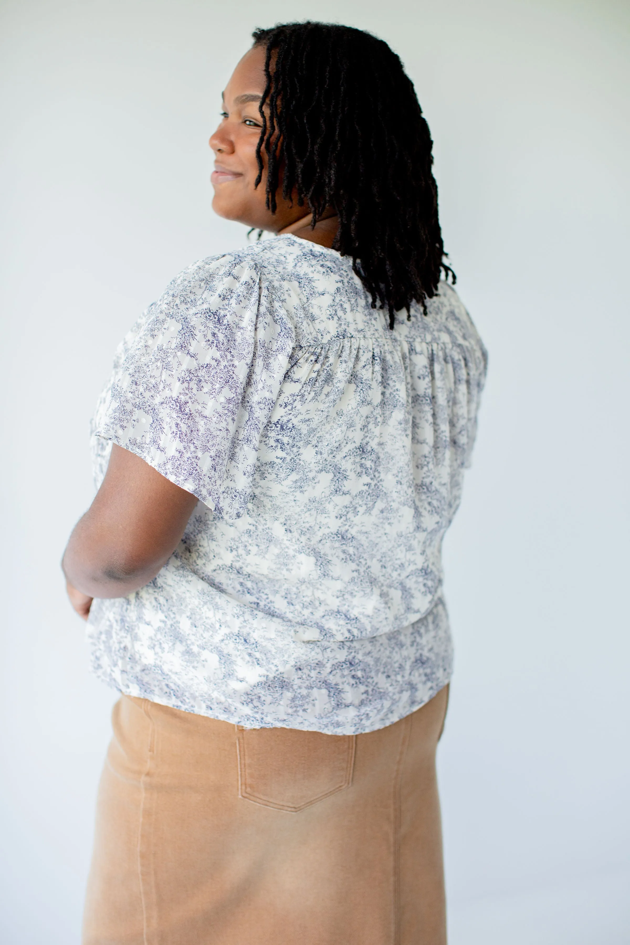 Plus 'Claudine' Vintage Print Smocked Detail Top in Parchment FINAL SALE