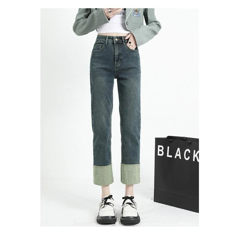 Pocket Loose Fit Color Blocking Straight High-Waisted Wide-Leg Jeans