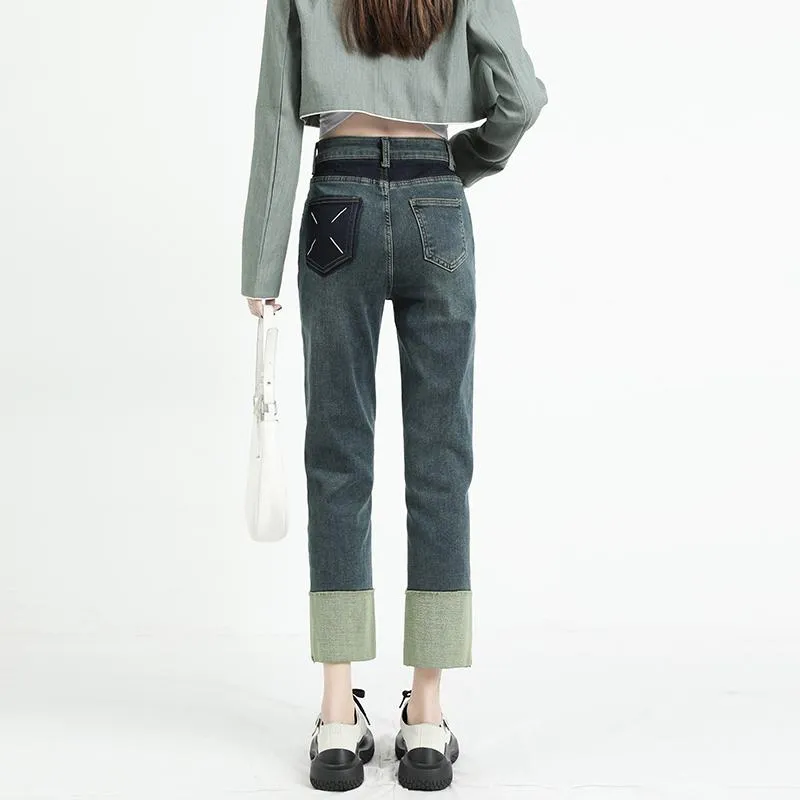 Pocket Loose Fit Color Blocking Straight High-Waisted Wide-Leg Jeans