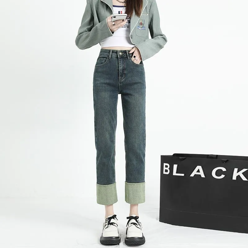 Pocket Loose Fit Color Blocking Straight High-Waisted Wide-Leg Jeans