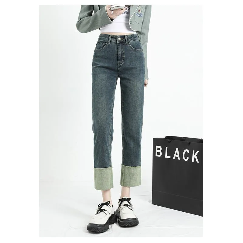 Pocket Loose Fit Color Blocking Straight High-Waisted Wide-Leg Jeans