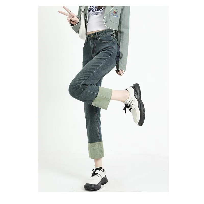 Pocket Loose Fit Color Blocking Straight High-Waisted Wide-Leg Jeans