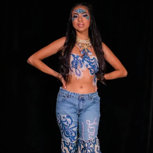 "LOVE" Damask Blue Sequined Embroidered Lace Crystal Denim Jeans