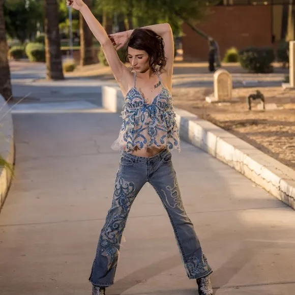 "LOVE" Damask Blue Sequined Embroidered Lace Crystal Denim Jeans