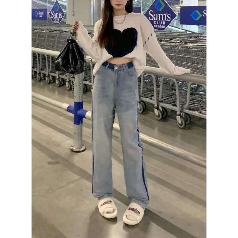 Slimming Floor-Length Loose Fit Color Blocking Straight Jeans