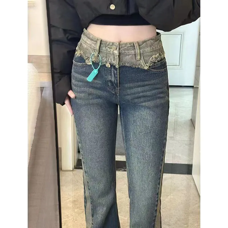 Slimming High-Waisted Slight Flare Color Blocking Patchwork Jeans