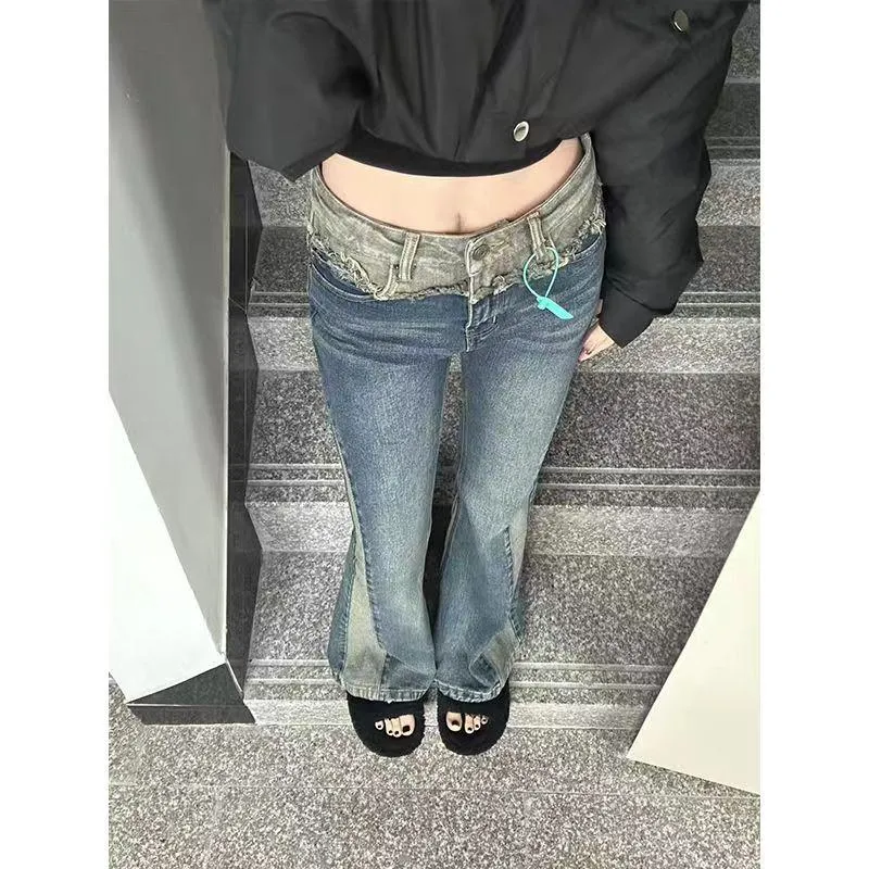 Slimming High-Waisted Slight Flare Color Blocking Patchwork Jeans