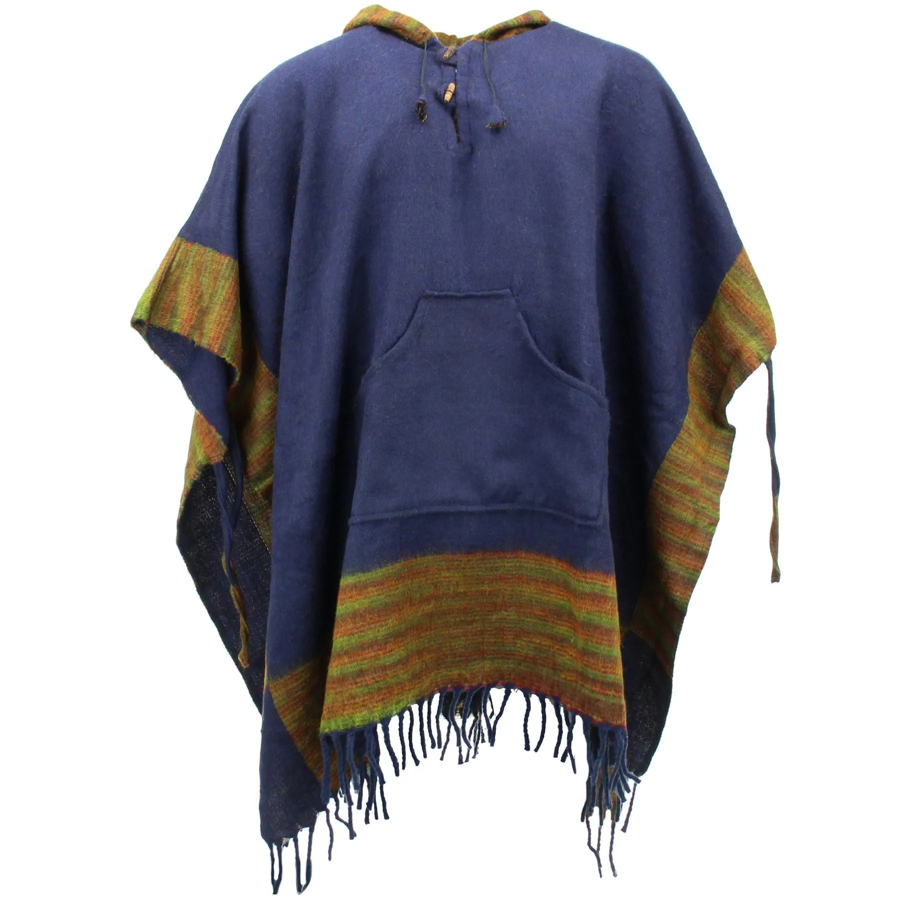 Soft Vegan Wool Hooded Tibet Poncho - Navy & Red Green