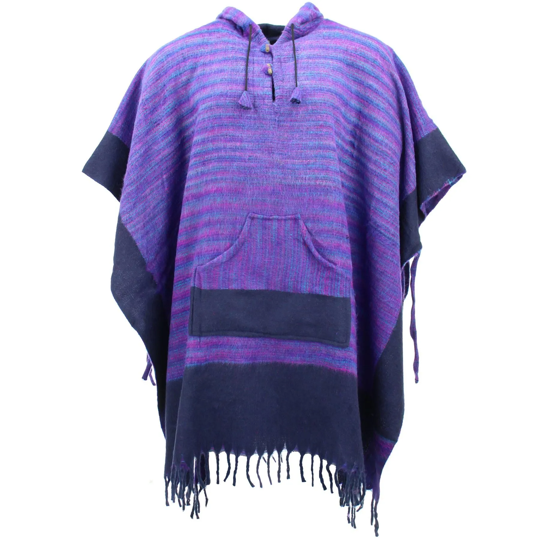 Soft Vegan Wool Hooded Tibet Poncho - Purple & Navy