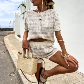 Striped Knitted Summer O-neck Fashion Color Blocking Slim Fit Beach New Set