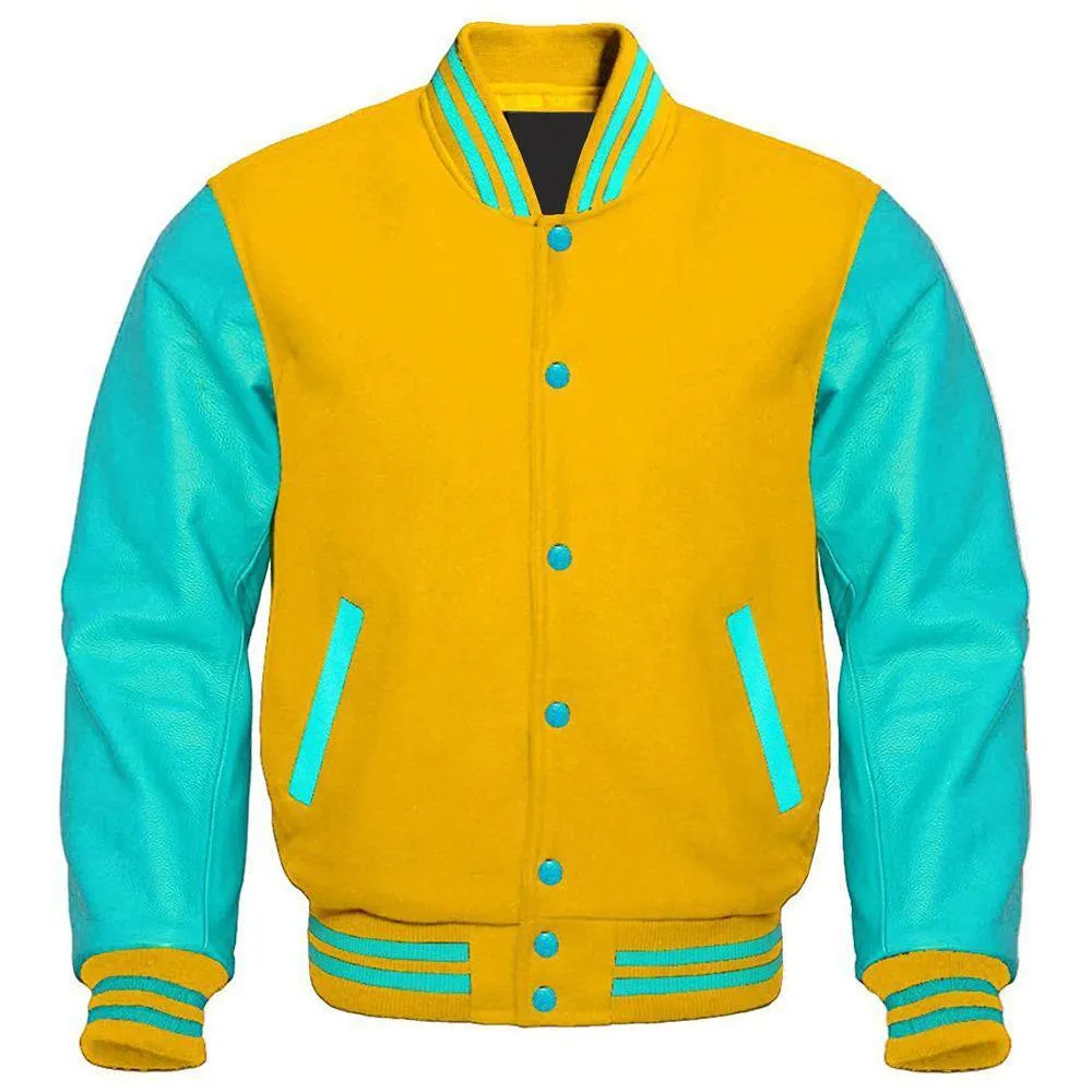 Sunshine Yellow and Tiffany Blue Varsity Jacket with Custom Logos