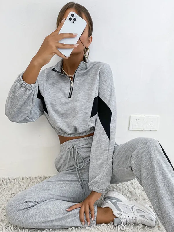 TEEK - Grey Two-Piece Color Block Crop Sweatshirt Suit