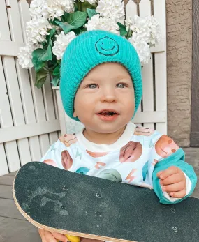 Theo & Me - Green Aqua Smiley Faces Ribbed Knit Hat