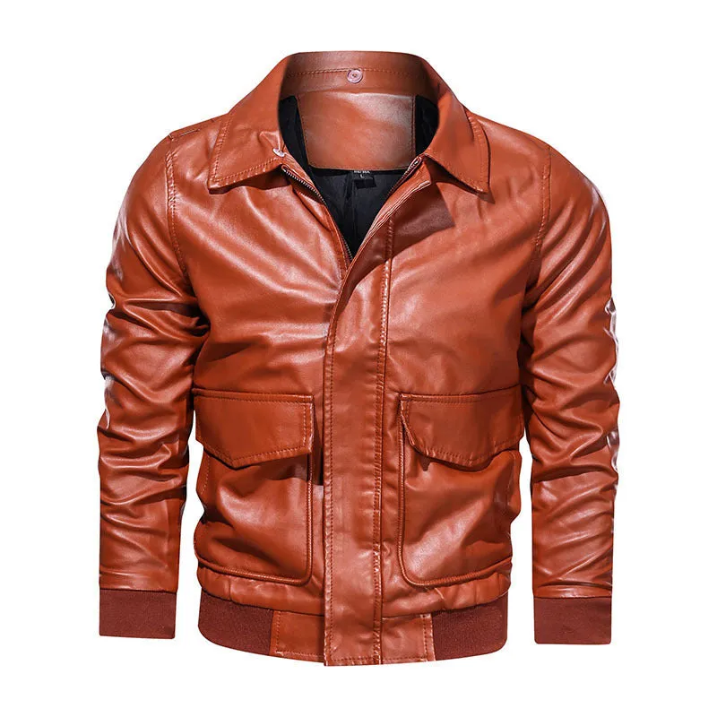 Thin Men's Lapel Large Pocket Leather Jacket  Motorcycle Leather Jacket