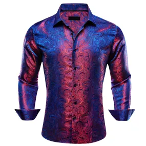 Ties2you Work Shirt Blue Red Paisley Silk Mens Button Down Long Sleeve Dress Shirt Top