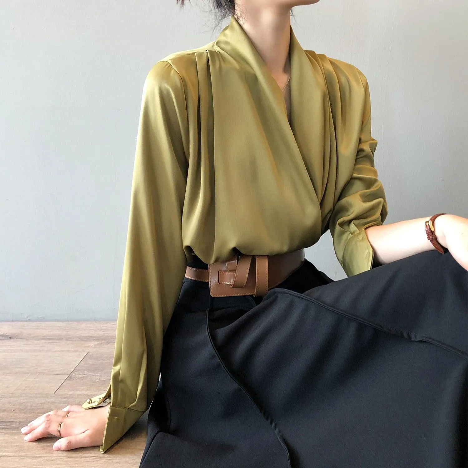 Timeless V-neck Satin Woven Blouse, Silk Satin Long Sleeves Shirt, Women Smart Casual Silky Top, Green Sleeve Blouse, Any Occassion, Gift