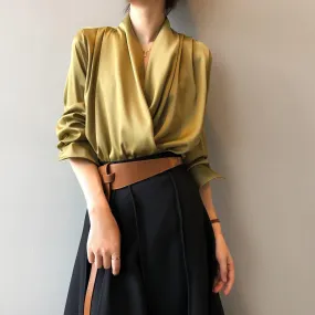 Timeless V-neck Satin Woven Blouse, Silk Satin Long Sleeves Shirt, Women Smart Casual Silky Top, Green Sleeve Blouse, Any Occassion, Gift