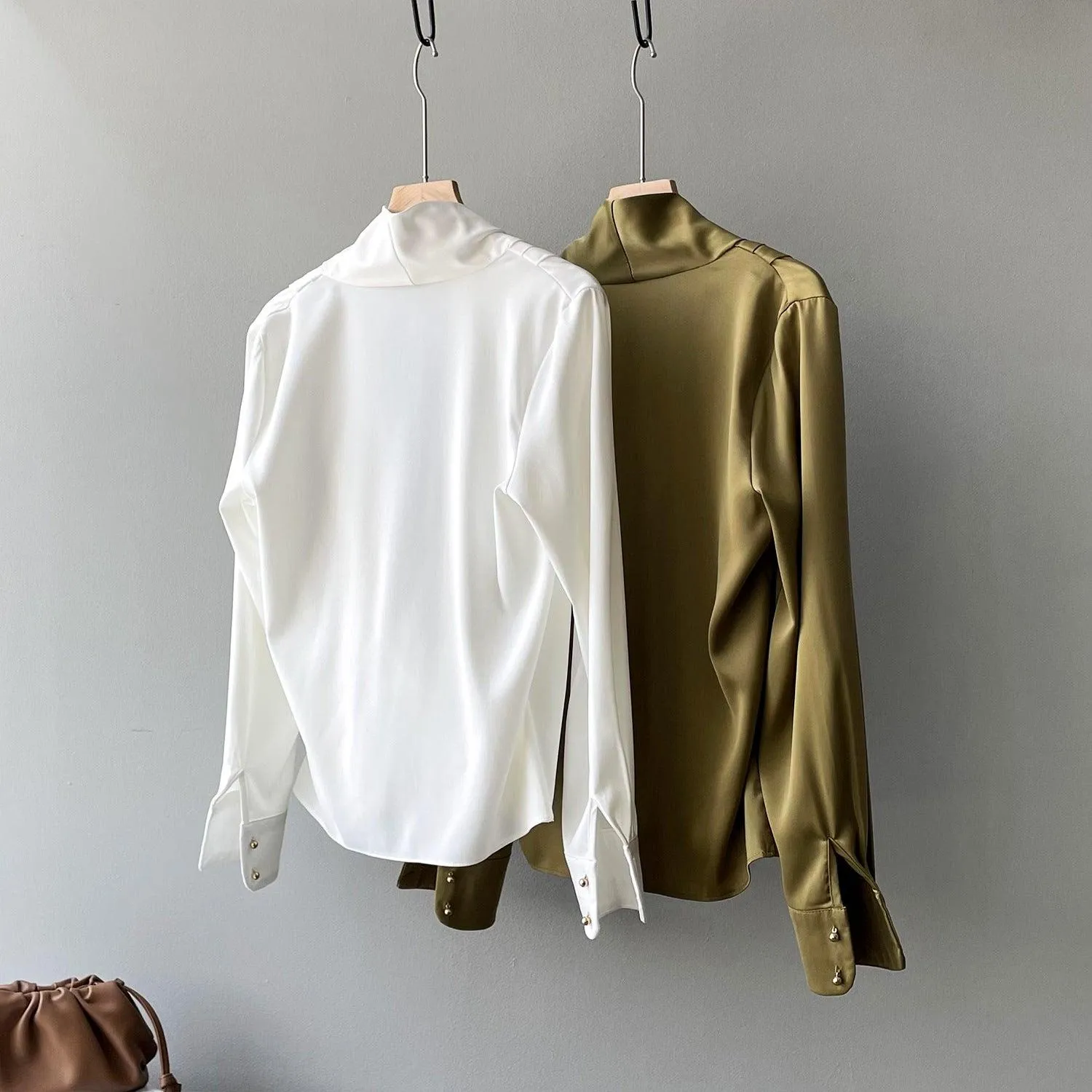 Timeless V-neck Satin Woven Blouse, Silk Satin Long Sleeves Shirt, Women Smart Casual Silky Top, Green Sleeve Blouse, Any Occassion, Gift