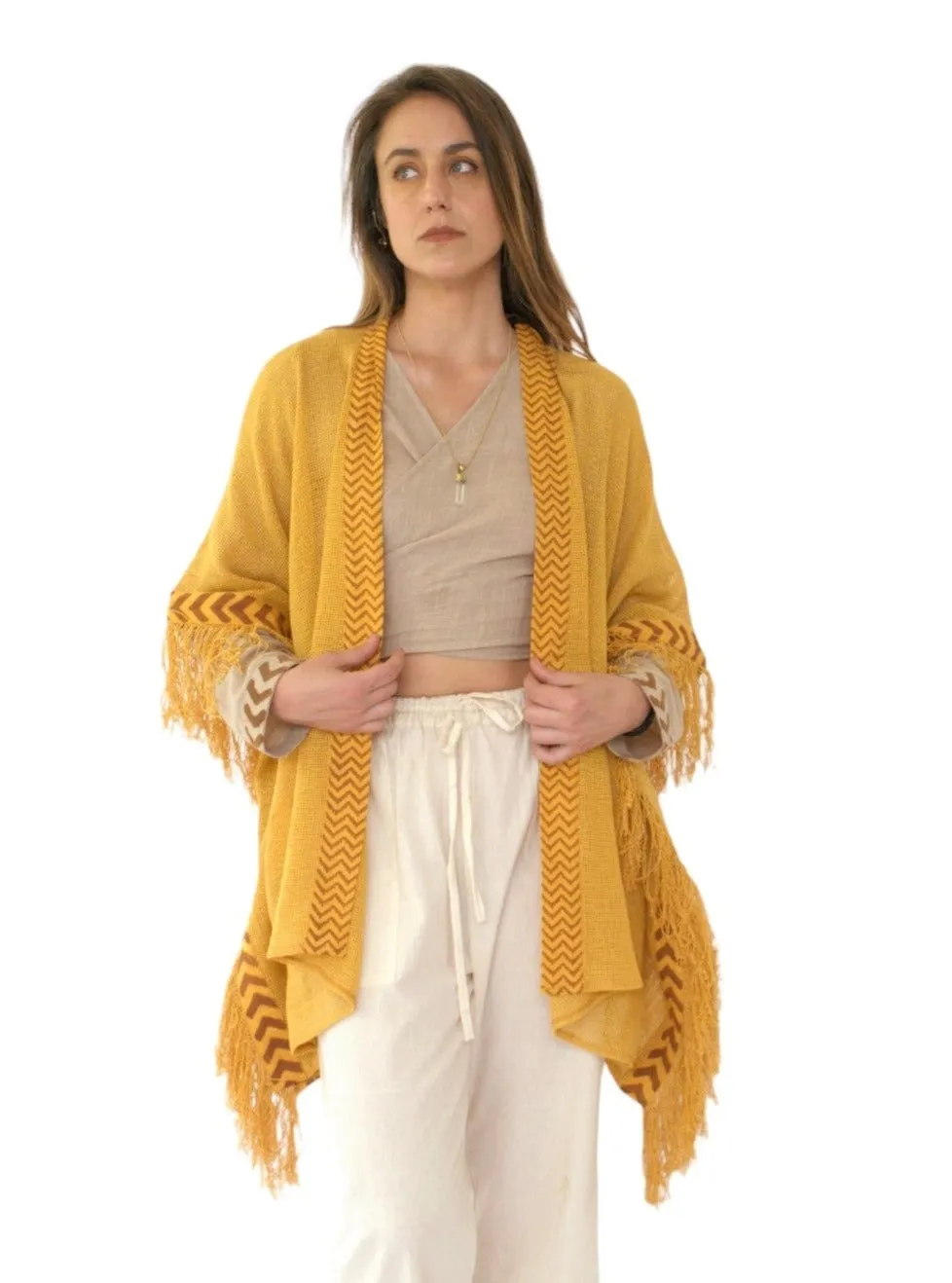 Turmeric Mesh Open Poncho with Fringe