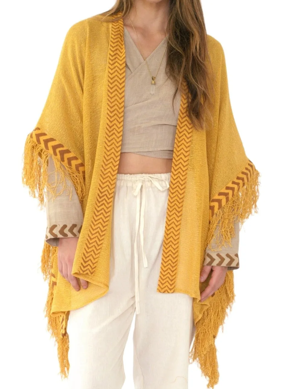 Turmeric Mesh Open Poncho with Fringe