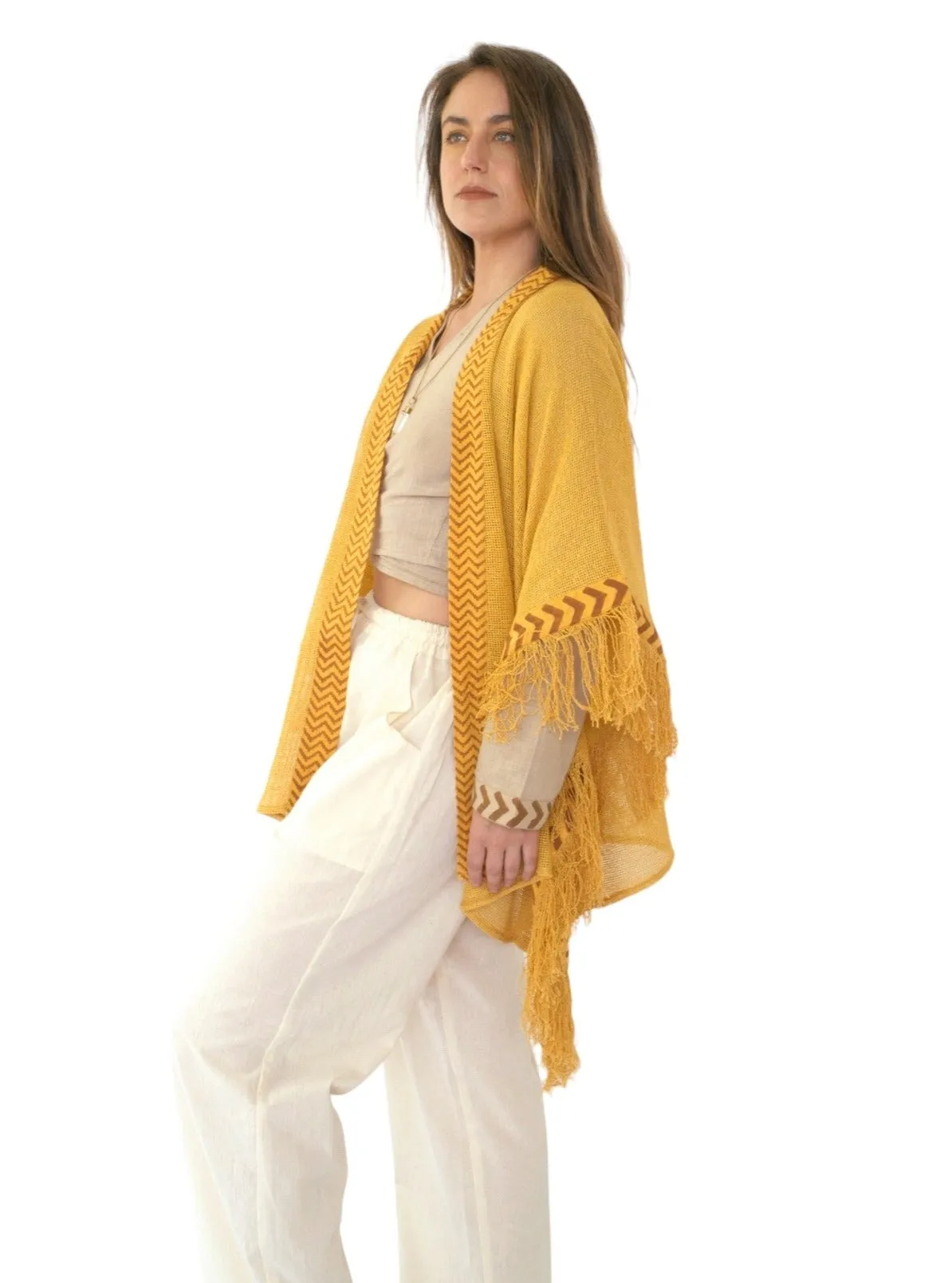 Turmeric Mesh Open Poncho with Fringe