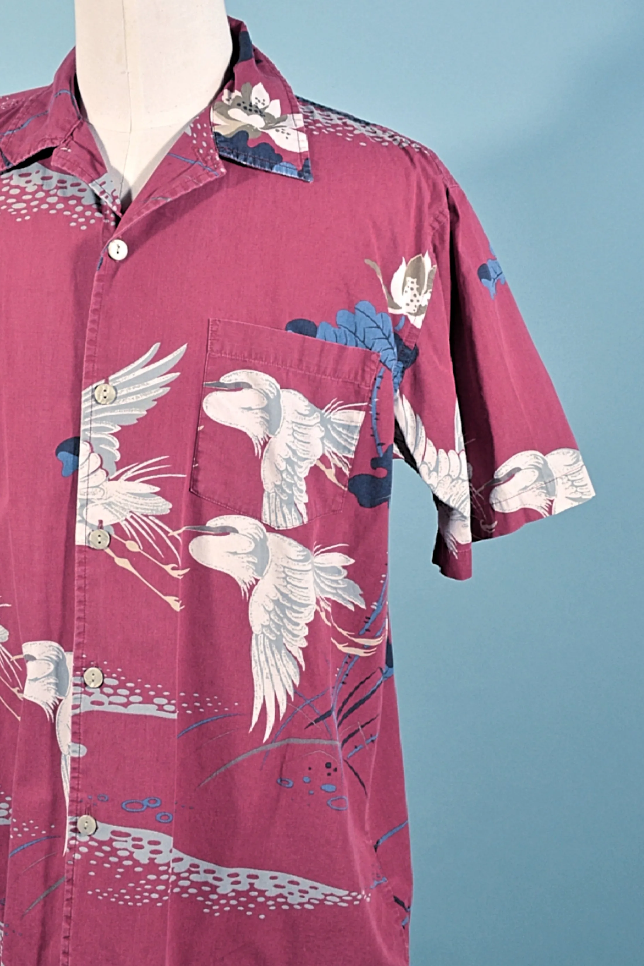 Union Bay Vintage Camp Shirt, Flying Cranes Asian Aloha Shirt M