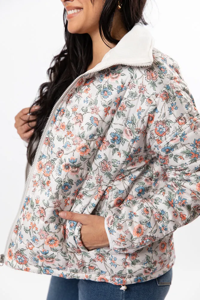 Vail Valley Pink Ivory Multi Floral Quilted Zip Up Jacket