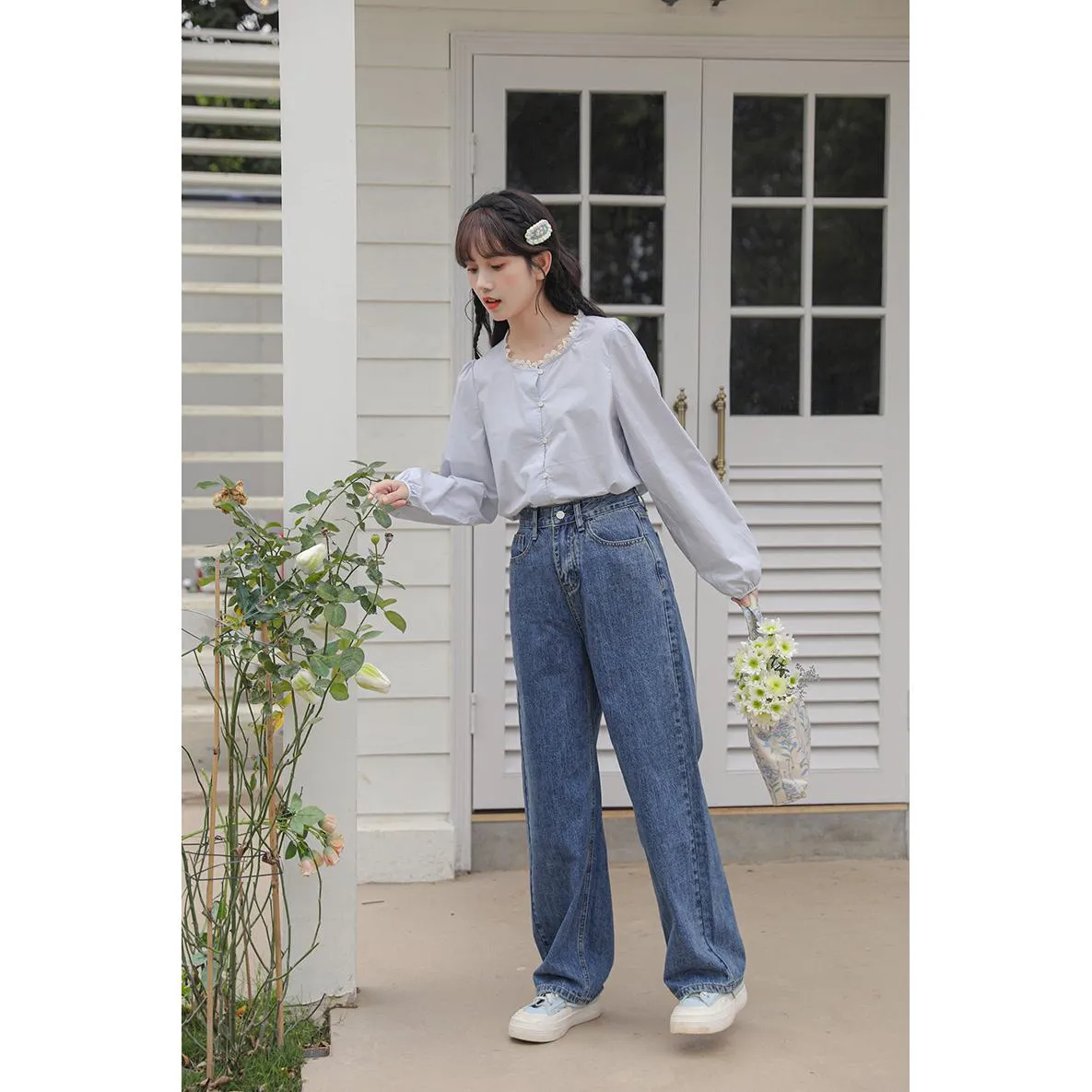 Versatile Wide-Leg Solid Color Simplicity Loose Fit Straight Leg High-Waisted Jeans