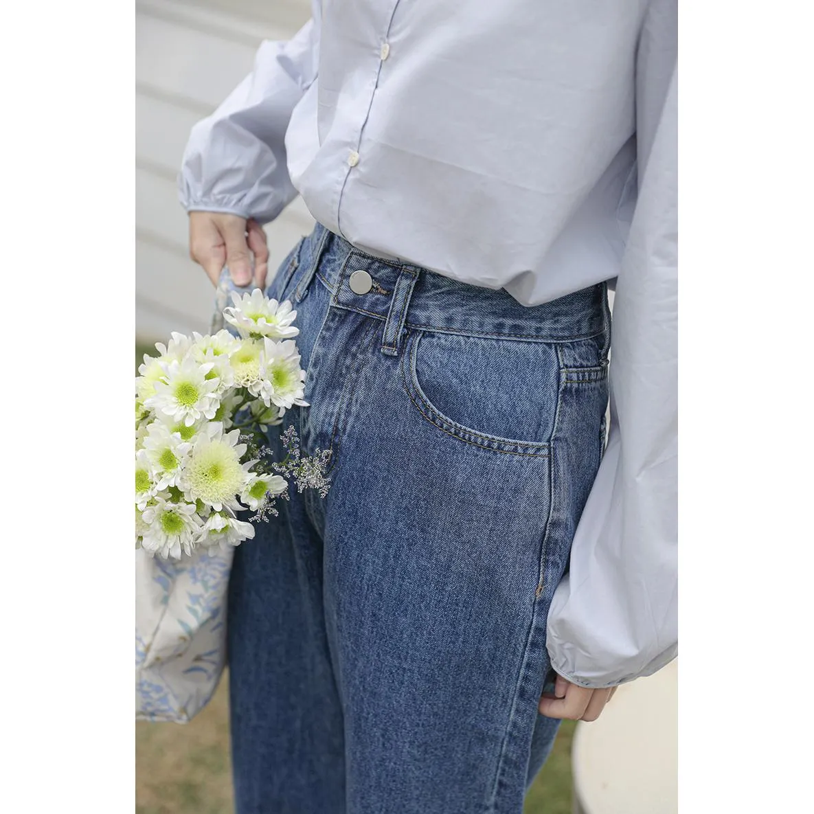 Versatile Wide-Leg Solid Color Simplicity Loose Fit Straight Leg High-Waisted Jeans