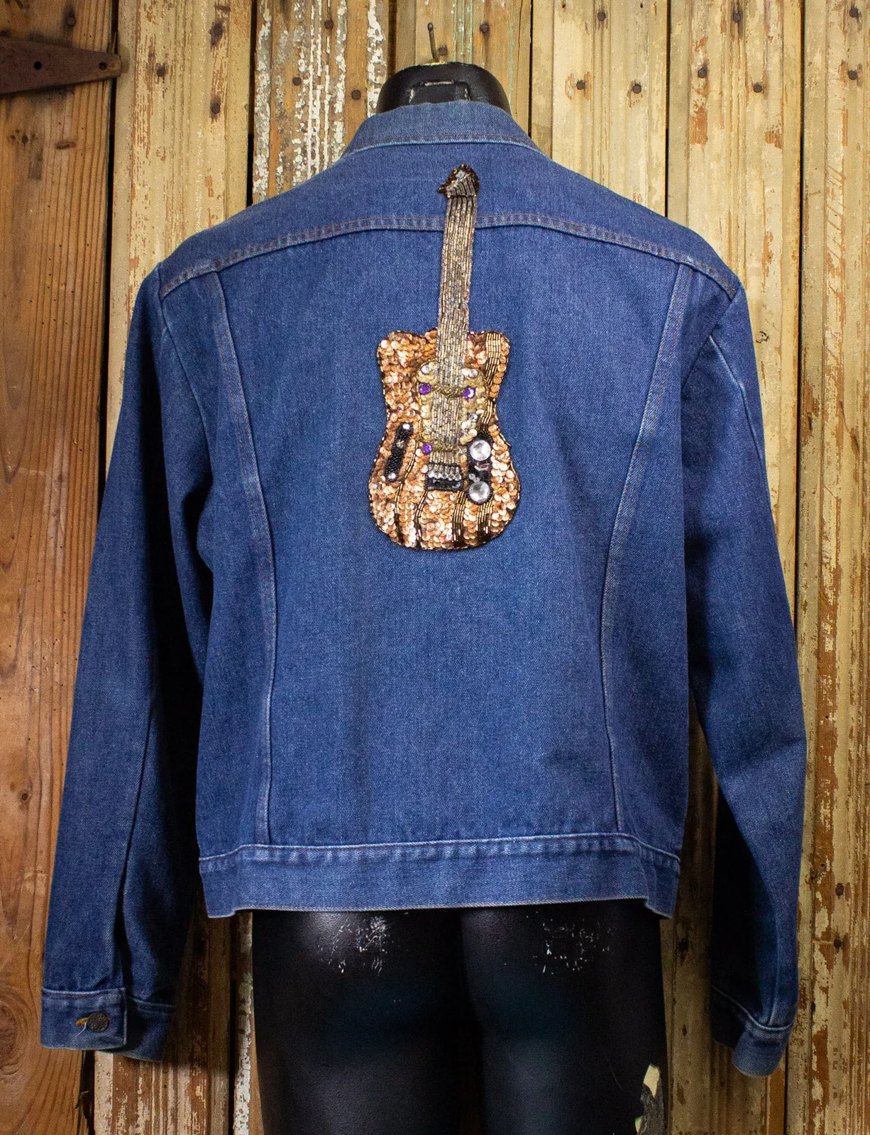 Vintage Denim Jacket with Sequin Music Note & Guitar XL