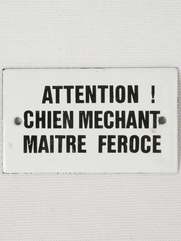 Vintage French Enamel Sign Attention chien méchant, maître féroce" 2¼" x 4¼"