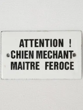 Vintage French Enamel Sign Attention chien méchant, maître féroce" 2¼" x 4¼"