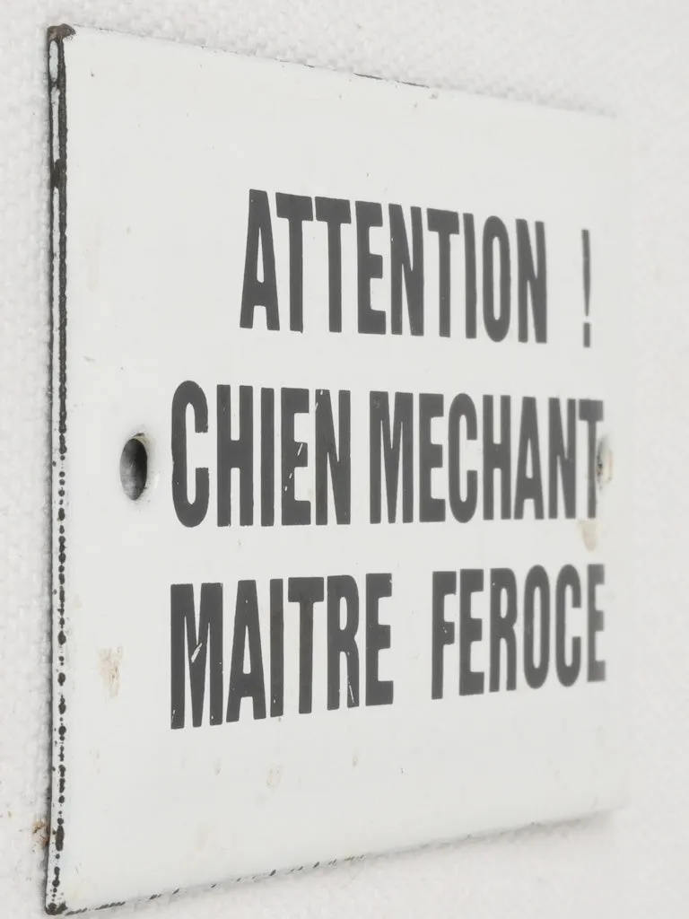 Vintage French Enamel Sign Attention chien méchant, maître féroce" 2¼" x 4¼"