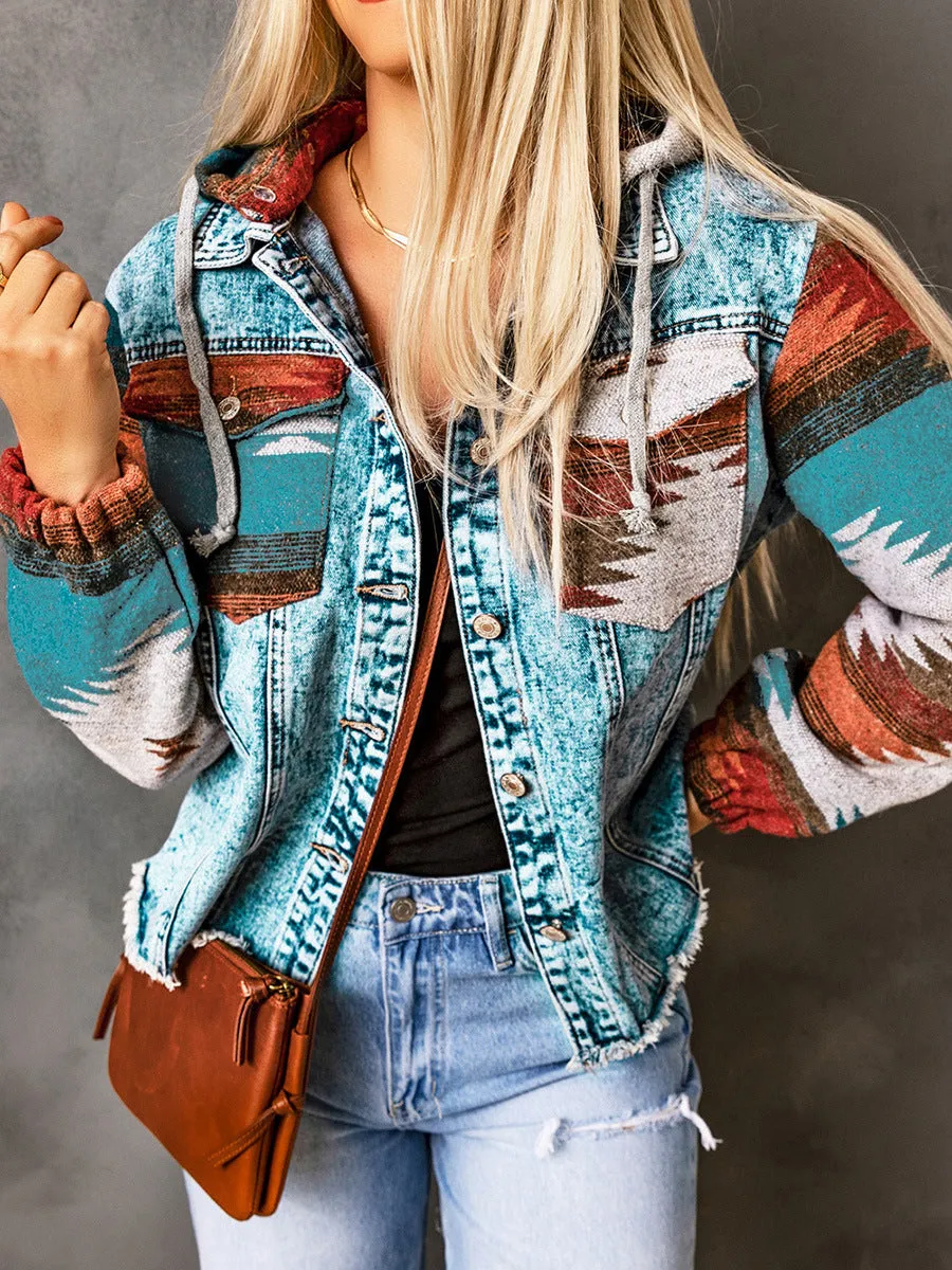 Western Style Denim Stitching Hooded Jacket Multi-color Printed Frayed Hem Jacket