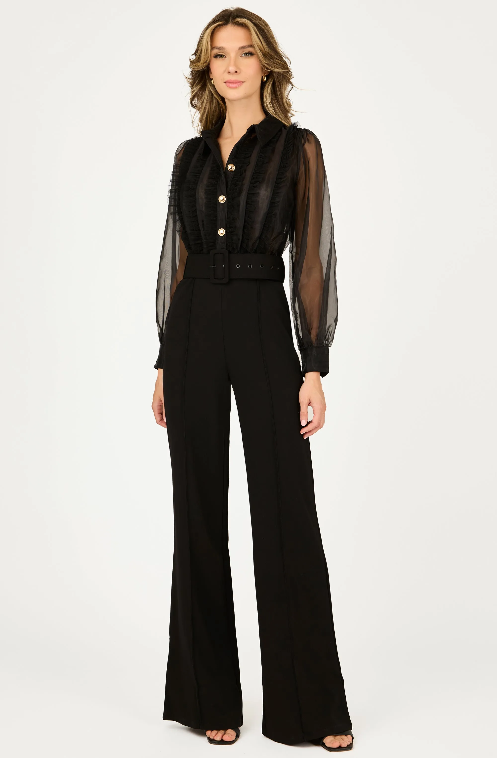 Wide leg Belted Jumpsuit with Organza Sleeves