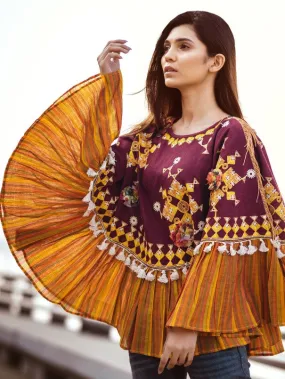 Wine & Mustard Snowflake Stripe Frilled Khadi Poncho