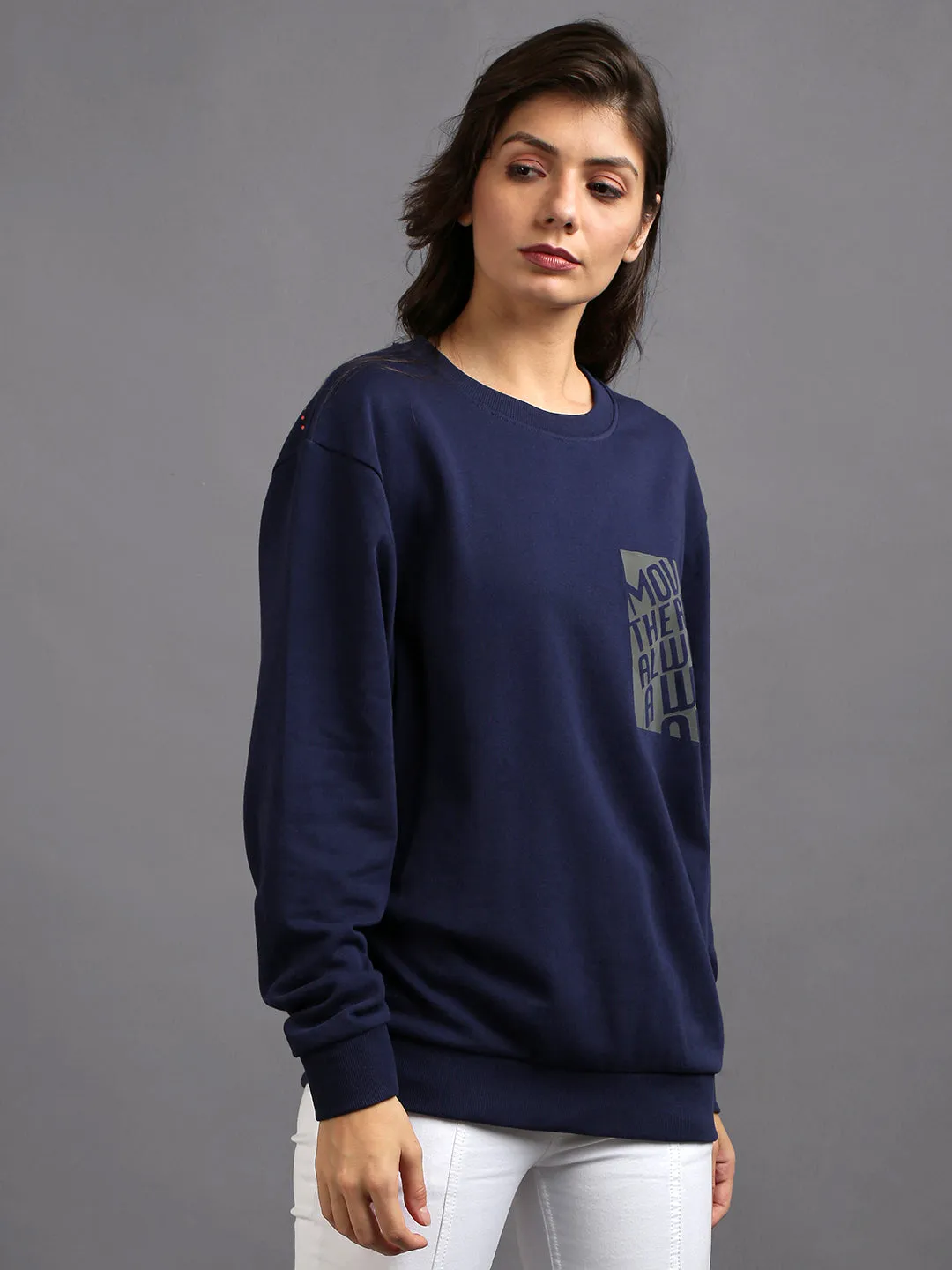 Women Navy Blue Printed Cotton Pullover Sweatshirt